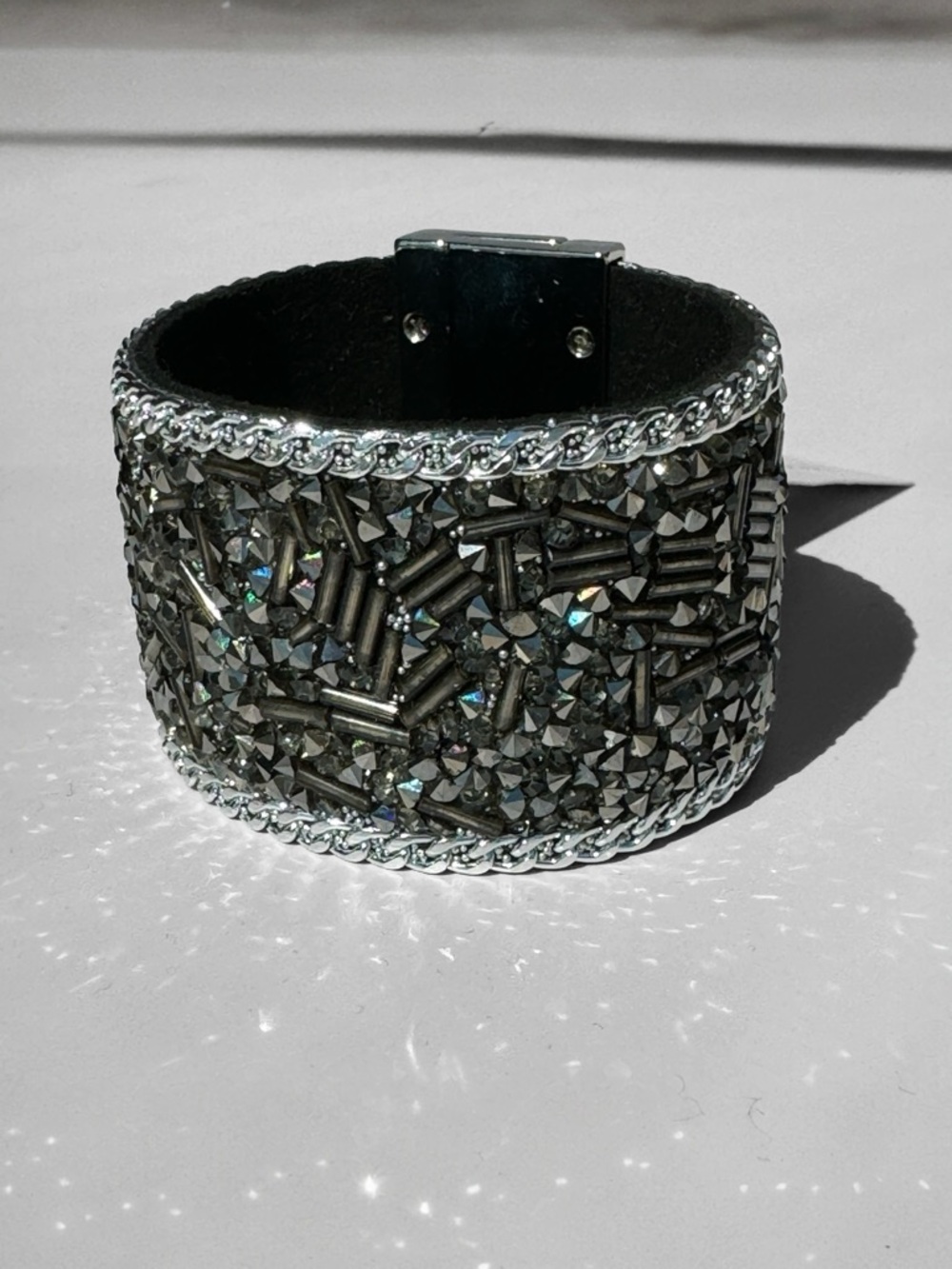 Versona Rhinestone Beaded Cuff Bracelet Gunmetal Silver Punk Glam